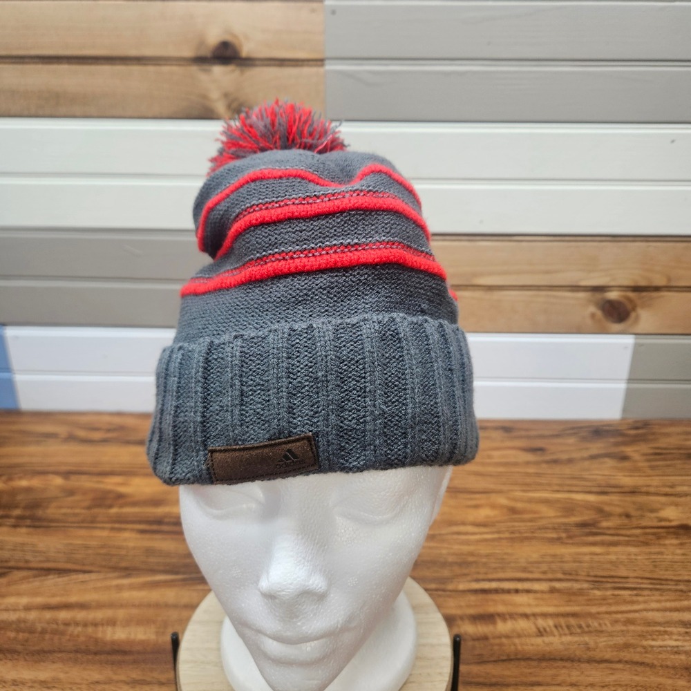 Adidas ClimaWarm Beanie Gray Red Striped Pom Pom Fleece Lined Knit Hat RN 90288